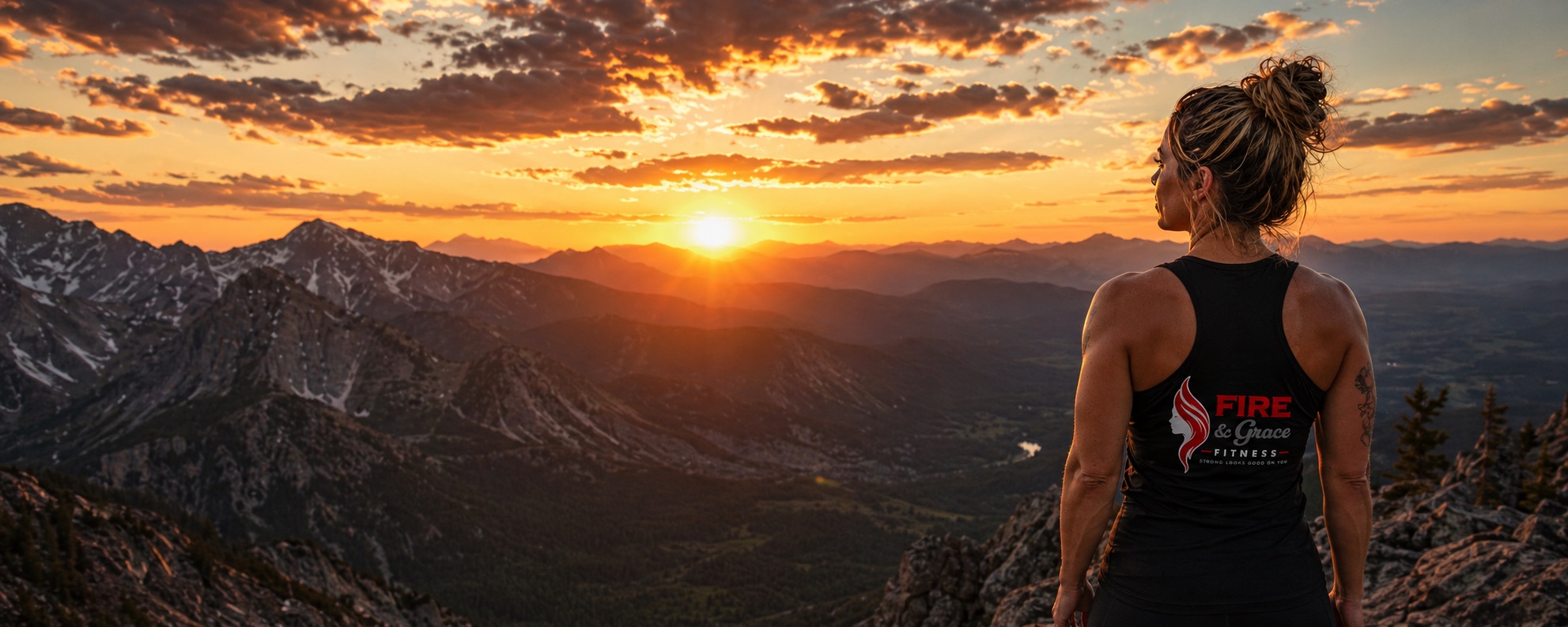 Dani looking across a mountain range at sunrise